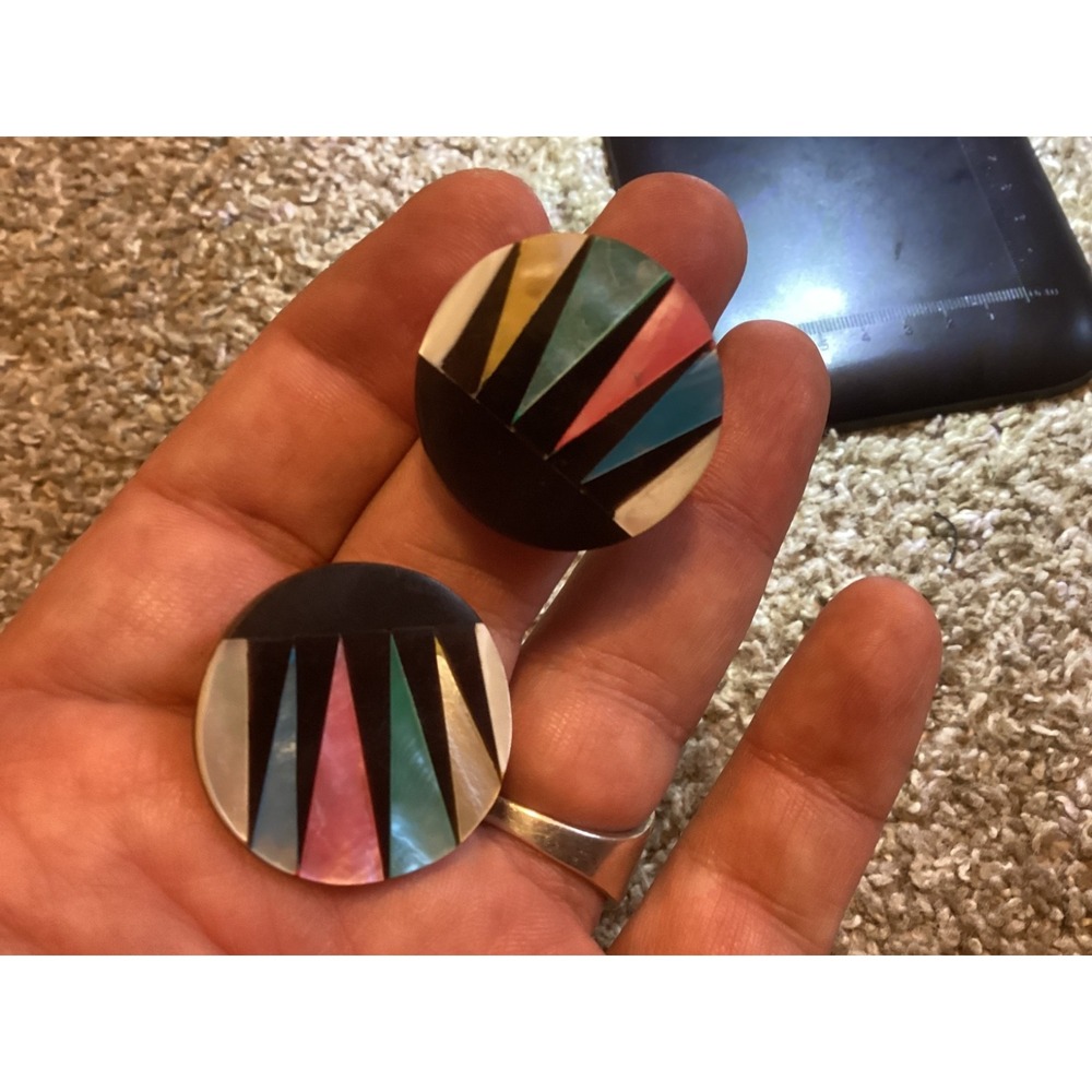 Vintage One Of A Kind Handmade SunRay clip on earring inlaid with mother-o-pearl